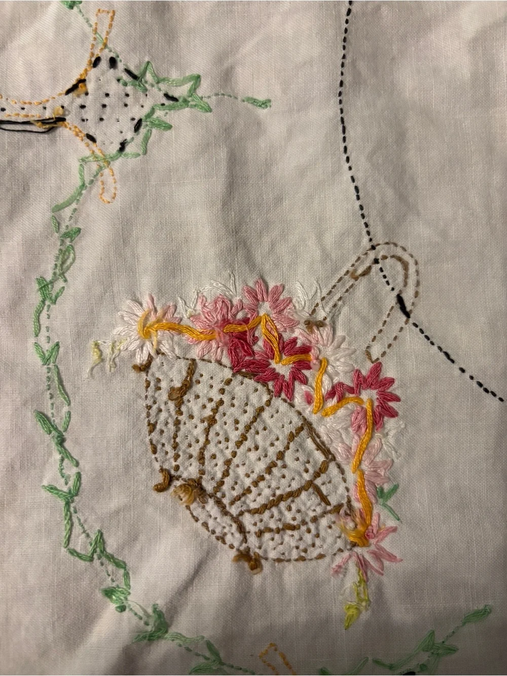 Vintage Embroidered Linen Table Runner - Cream with Pastel Floral Details